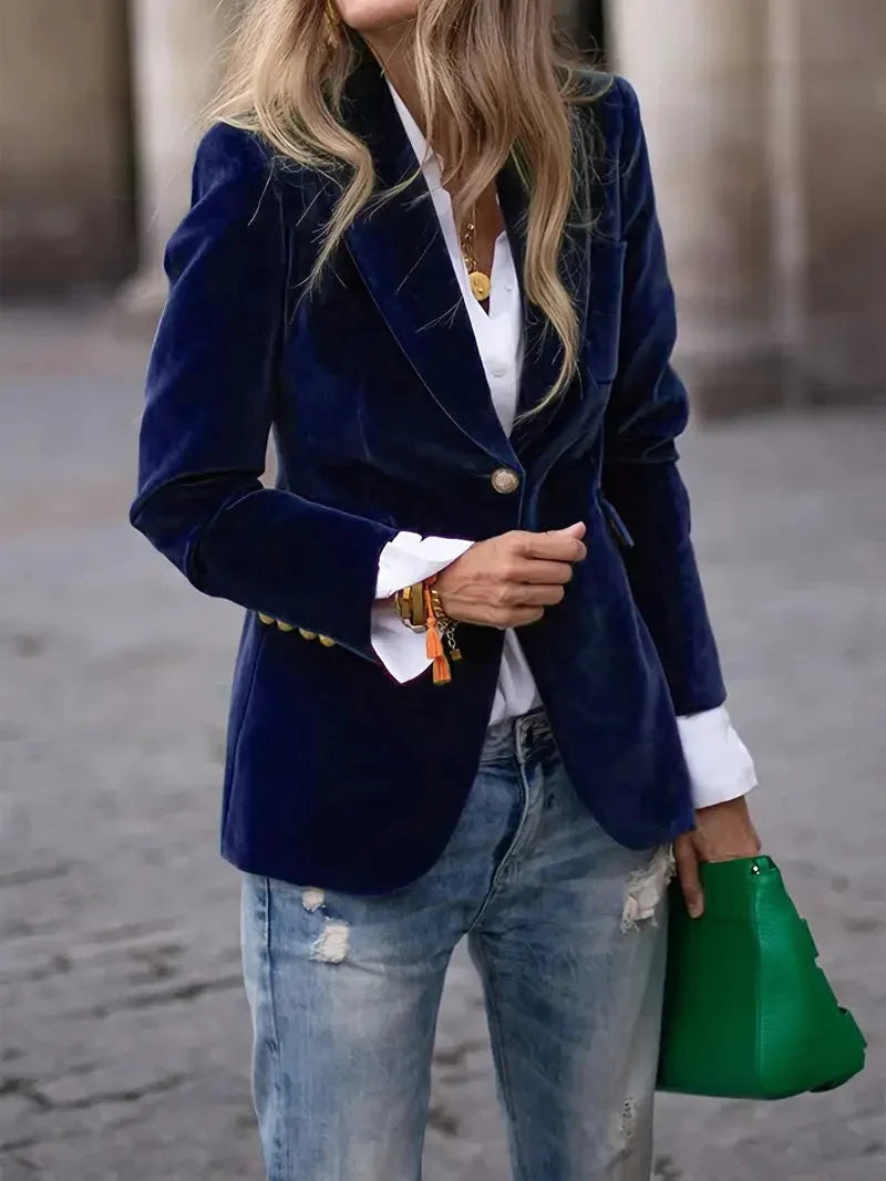 Women’s Velvet Button-Front Tailored Blazer - Single-Breasted Workwear Jacket
