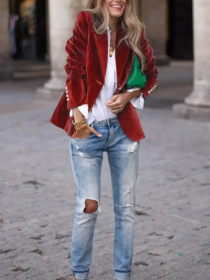 Women’s Velvet Button-Front Tailored Blazer - Single-Breasted Workwear Jacket