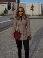 Women’s Plaid Double-Breasted Gold Button Blazer - Tailored Suit Jacket
