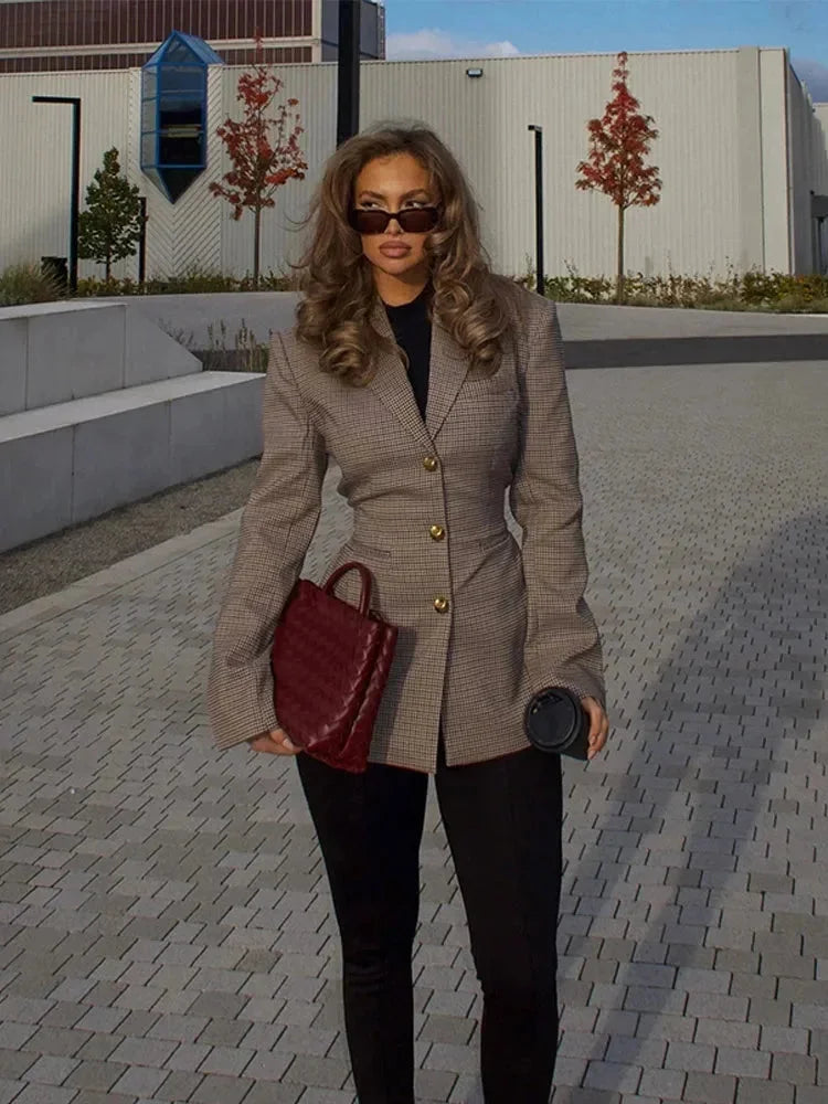 Women’s Plaid Double-Breasted Gold Button Blazer - Tailored Suit Jacket