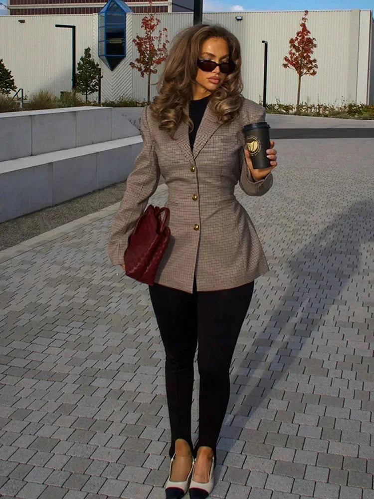 Women’s Plaid Double-Breasted Gold Button Blazer - Tailored Suit Jacket
