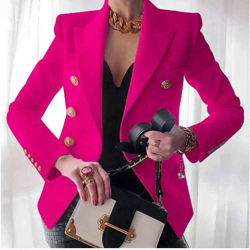 Women’s Double-Breasted Gold Button Suit Blazer - Tailored Workwear Jacket