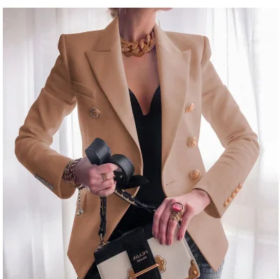 Women’s Double-Breasted Gold Button Suit Blazer - Tailored Workwear Jacket