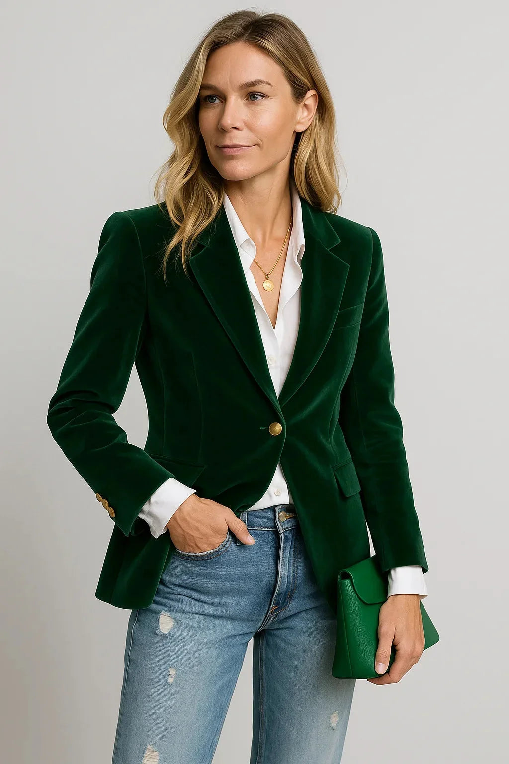Women’s Single-Button Velvet Blazer - Tailored Fitted Suit Jacket