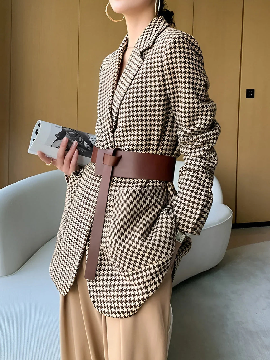 Women’s Houndstooth Belted Suit Blazer - Single-Breasted Tailored Jacket