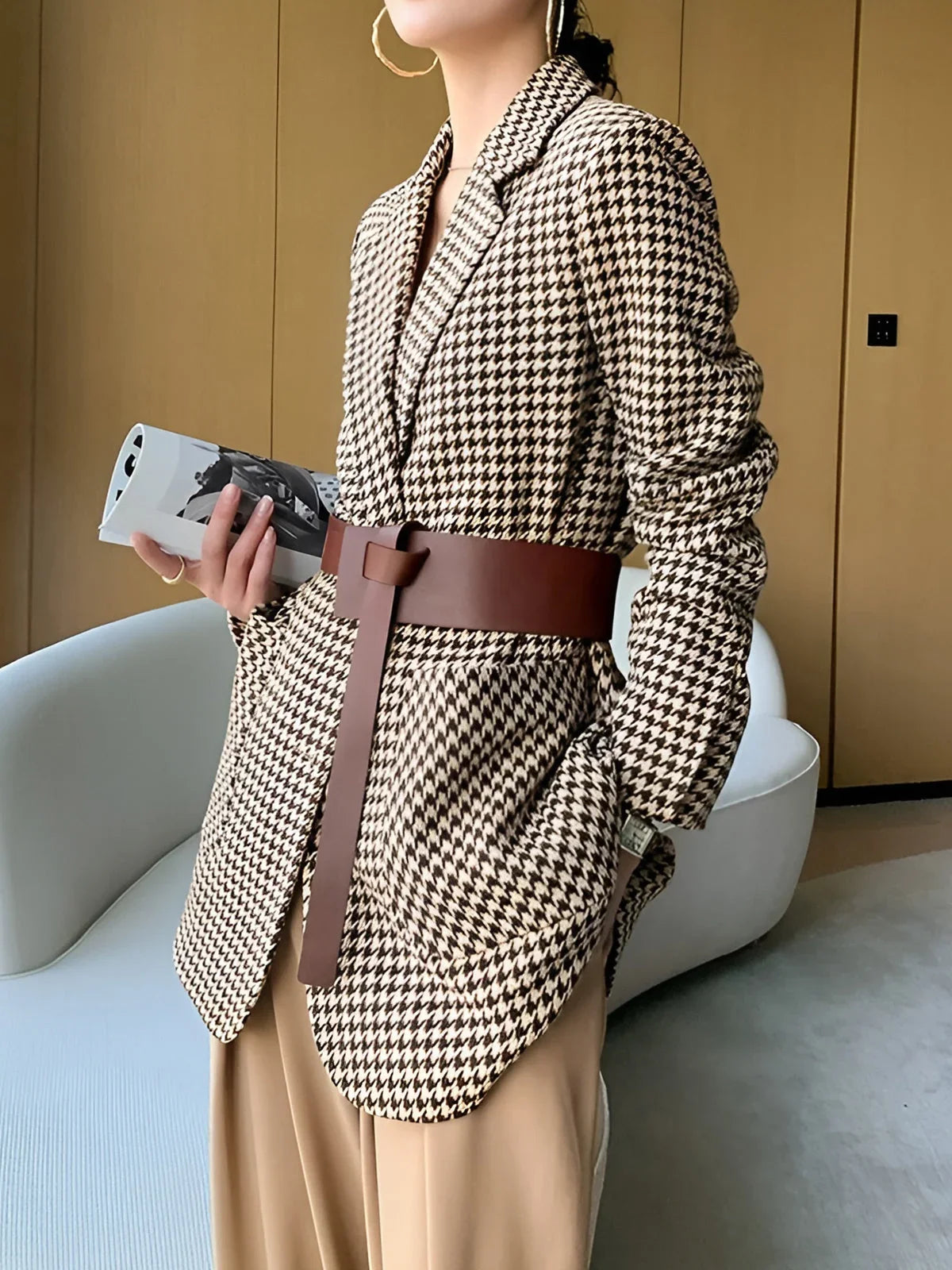 Women’s Houndstooth Belted Suit Blazer - Single-Breasted Tailored Jacket