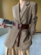 Women’s Houndstooth Belted Suit Blazer - Single-Breasted Tailored Jacket