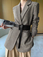 Women’s Houndstooth Belted Suit Blazer - Single-Breasted Tailored Jacket