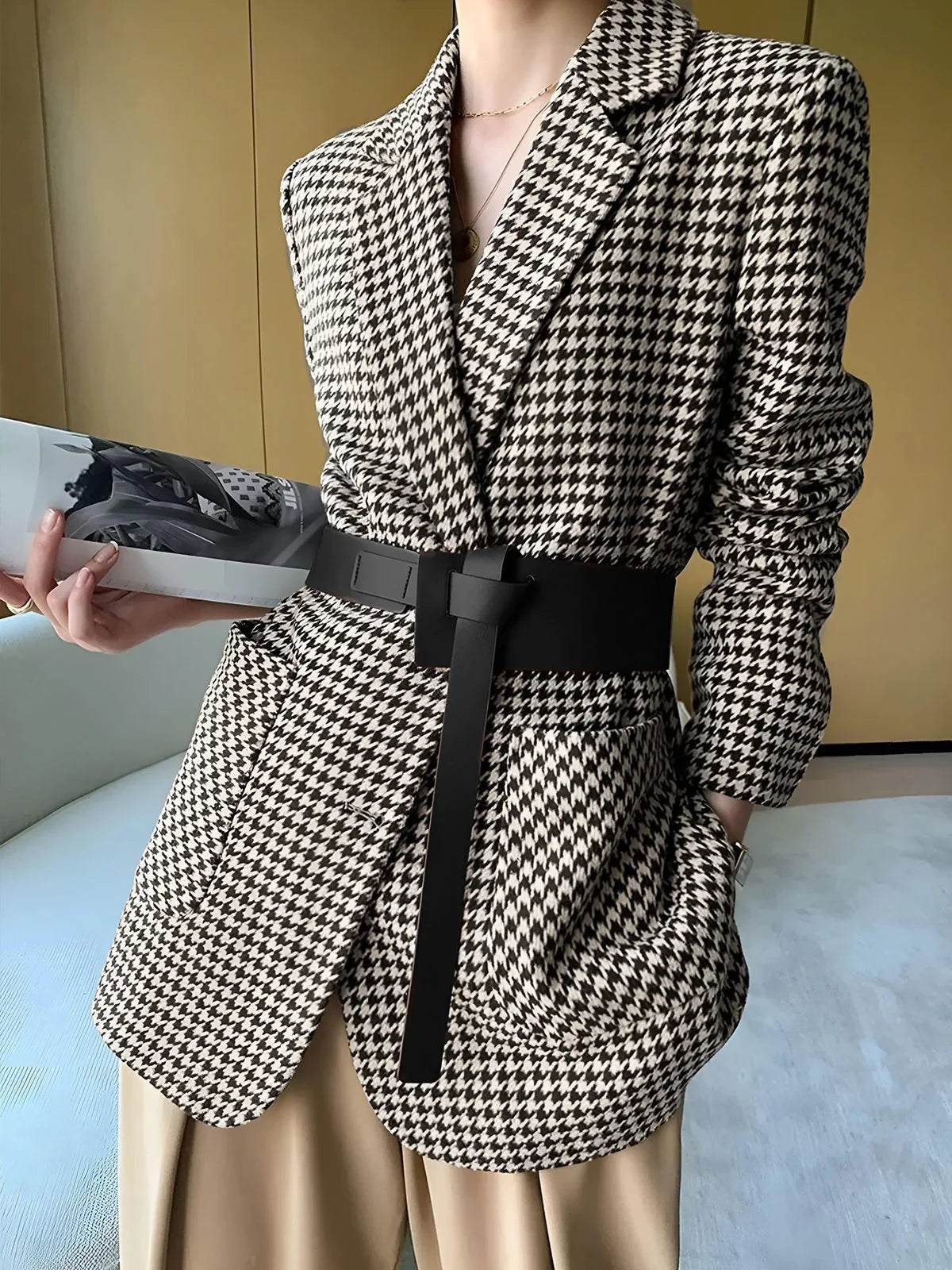 Women’s Houndstooth Belted Suit Blazer - Single-Breasted Tailored Jacket
