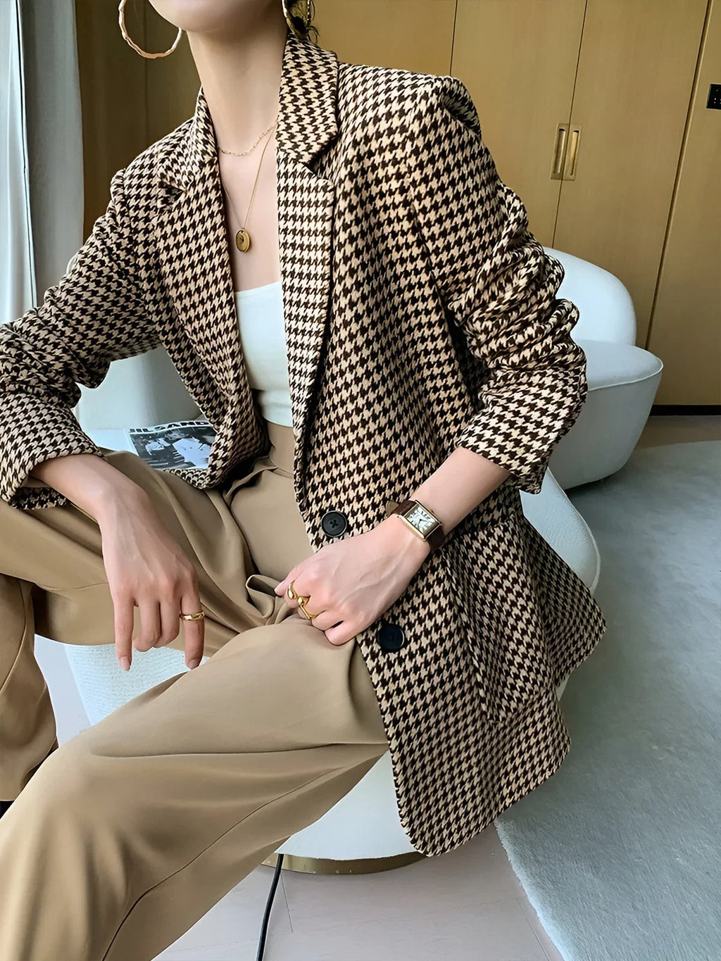 Women’s Houndstooth Belted Suit Blazer - Single-Breasted Tailored Jacket