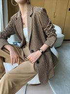 Women’s Houndstooth Belted Suit Blazer - Single-Breasted Tailored Jacket