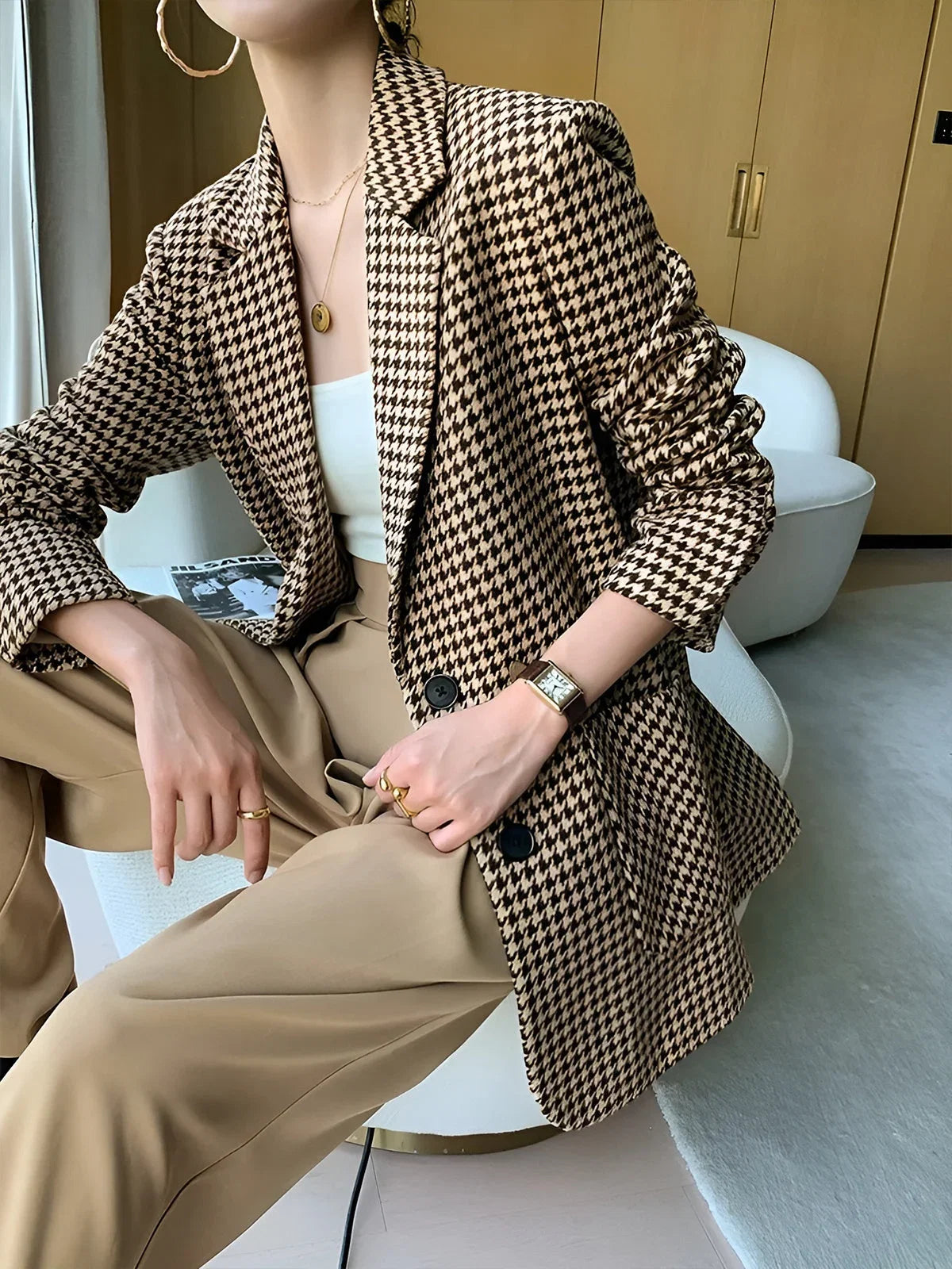 Women’s Houndstooth Belted Suit Blazer - Single-Breasted Tailored Jacket