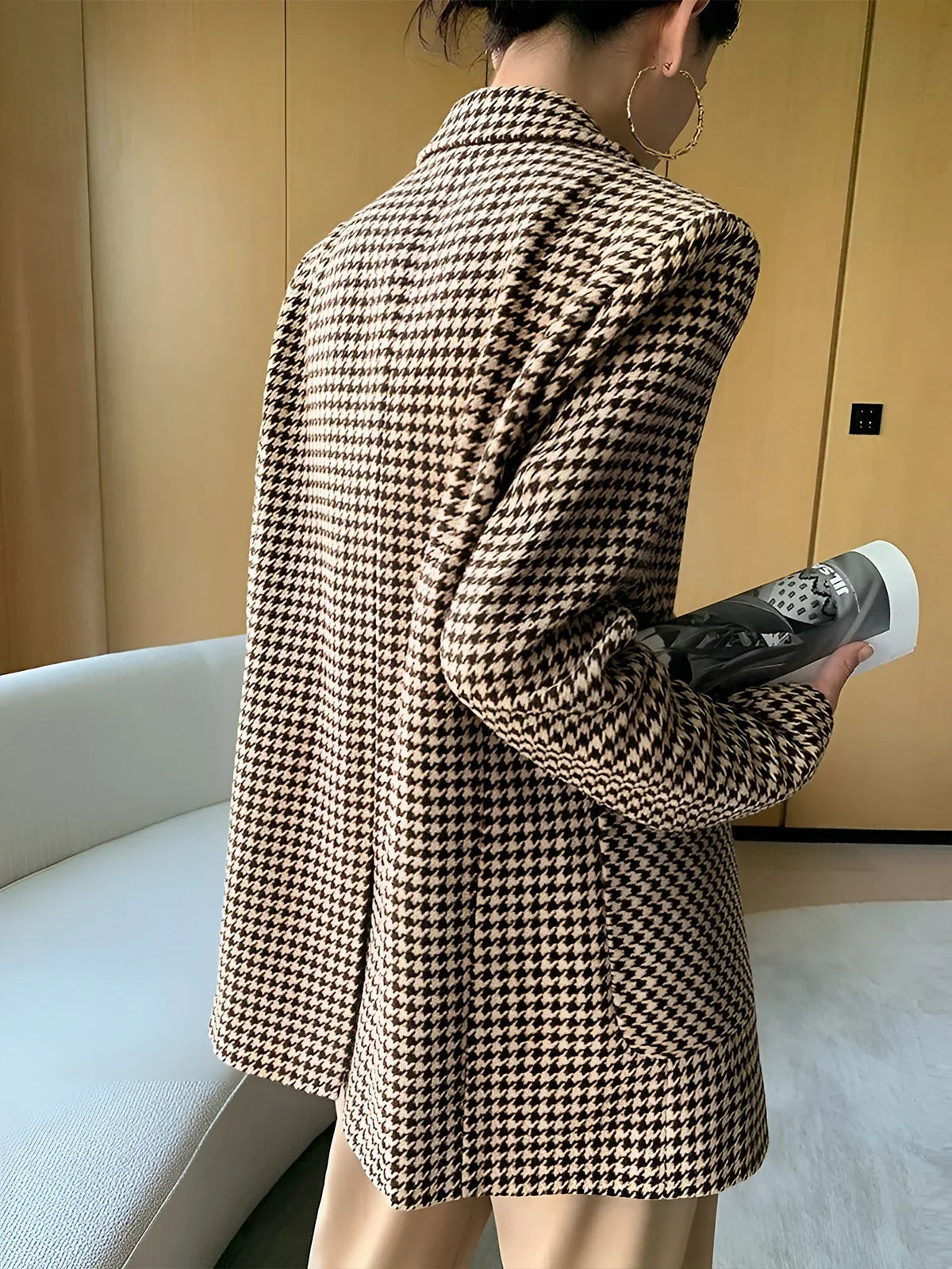 Women’s Houndstooth Belted Suit Blazer - Single-Breasted Tailored Jacket