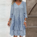Light blue V-neck embroidered midi dress with lace sleeves and hem, button-front