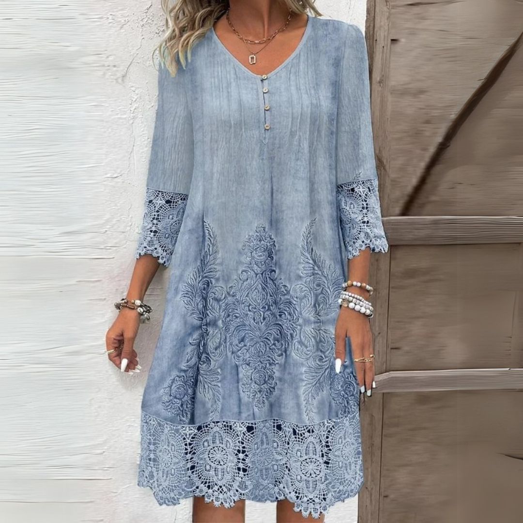 Light blue V-neck embroidered midi dress with lace sleeves and hem, button-front