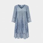Women's Embroidered V Neck Midi Dress with Lace Trim