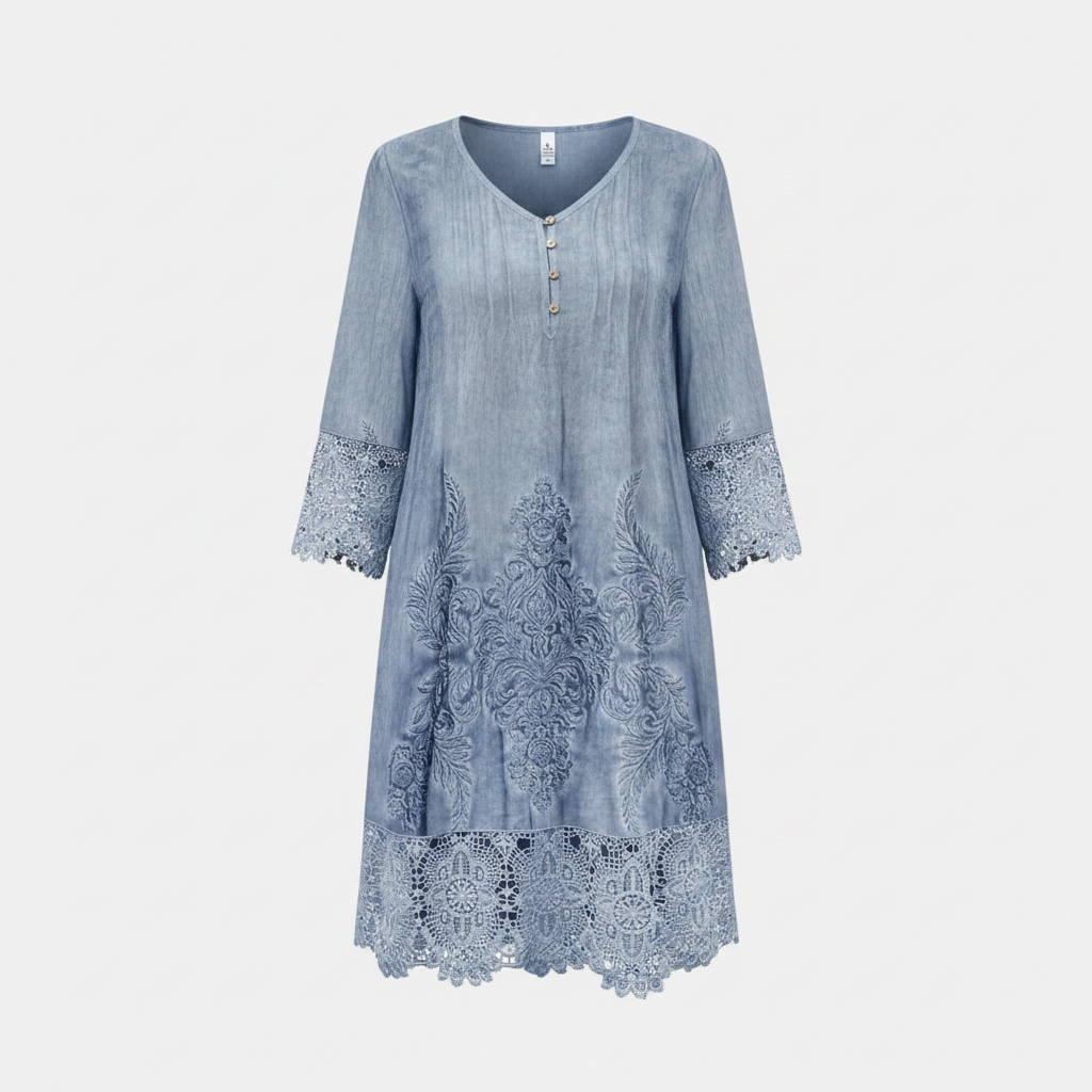 Women's Embroidered V Neck Midi Dress with Lace Trim