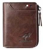 Men's leather RFID wallet, dark brown zippered card holder with kangaroo logo and side zipper