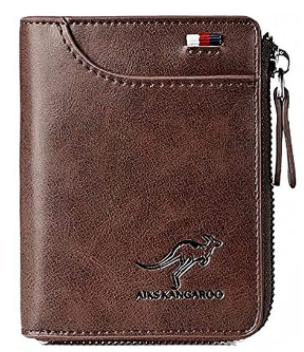Men's leather RFID wallet, dark brown zippered card holder with kangaroo logo and side zipper