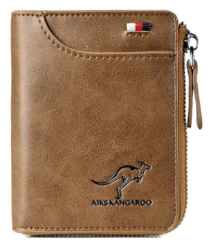 Men's leather RFID wallet, tan zippered card holder with kangaroo logo and strap loop