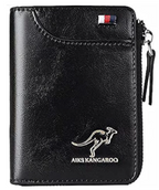 Men's leather RFID wallet, black zippered card holder with kangaroo logo and side key loop