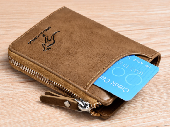 Men's leather RFID wallet, brown zippered card wallet showing a card through the slot