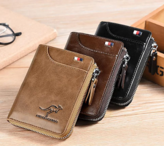 Men's leather RFID wallet set, zippered card holders in brown/black with kangaroo logos