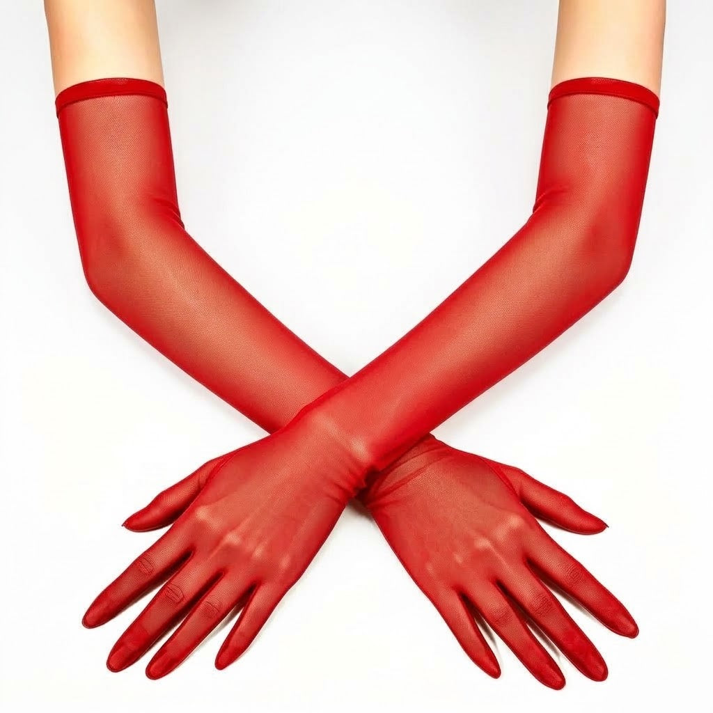 Sheer mesh elbow-length gloves in red, with smooth fitted wrist cuffs