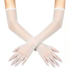 Sheer mesh elbow-length gloves in white, with smooth fitted wrist cuffs
