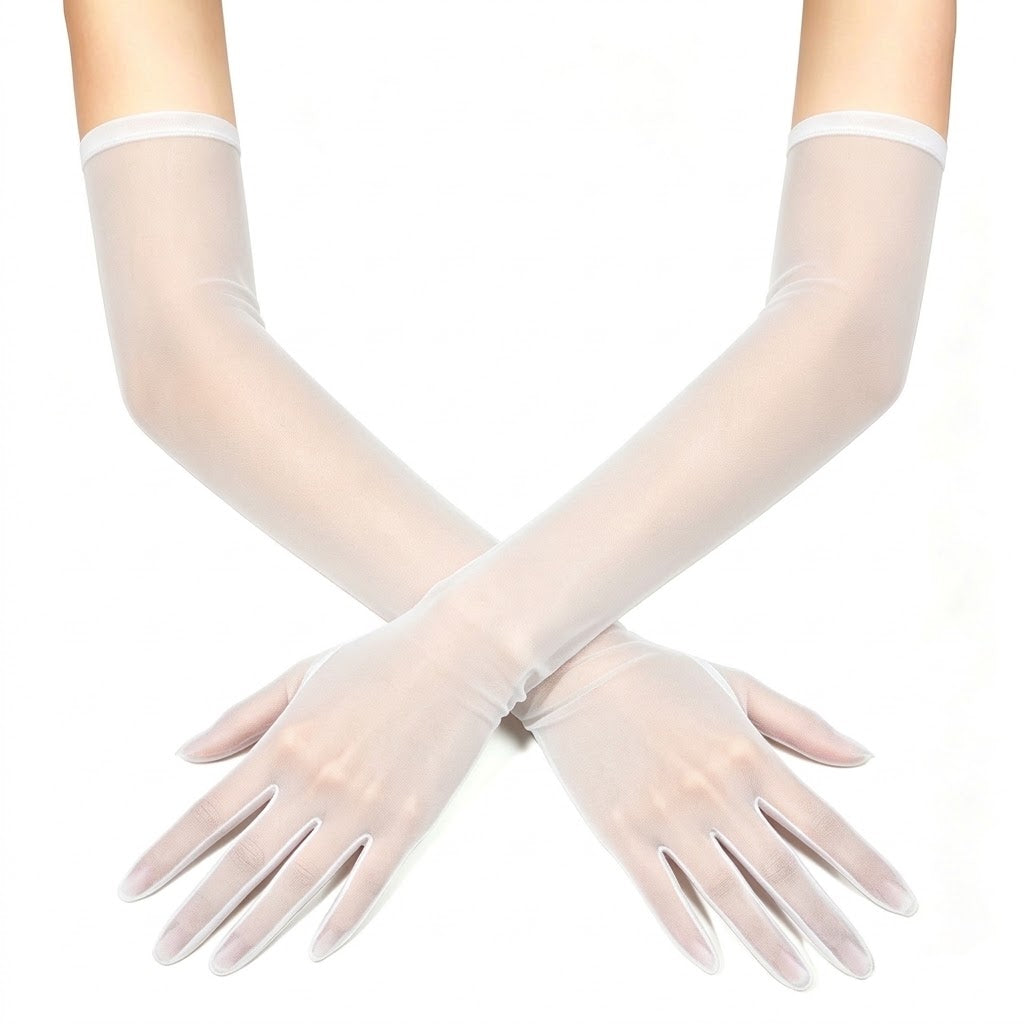Sheer mesh elbow-length gloves in white, with smooth fitted wrist cuffs