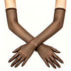 Sheer mesh elbow-length gloves in brown, with smooth fitted wrist cuffs