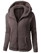 Soft fleece hooded zip jacket in brown with front zip closure and side pockets