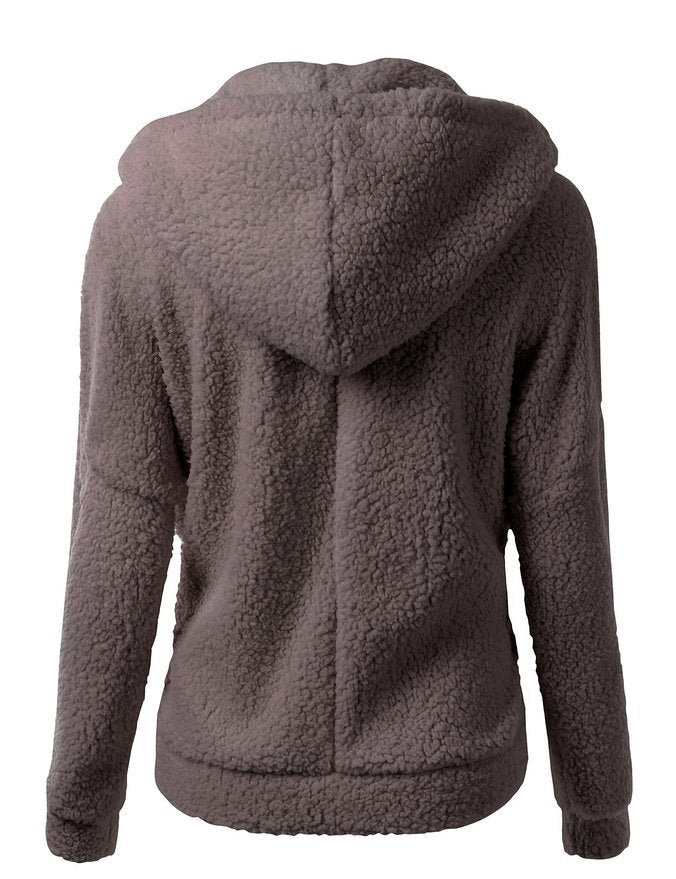 Soft fleece hooded zip jacket in dark brown with hood and back seam paneling