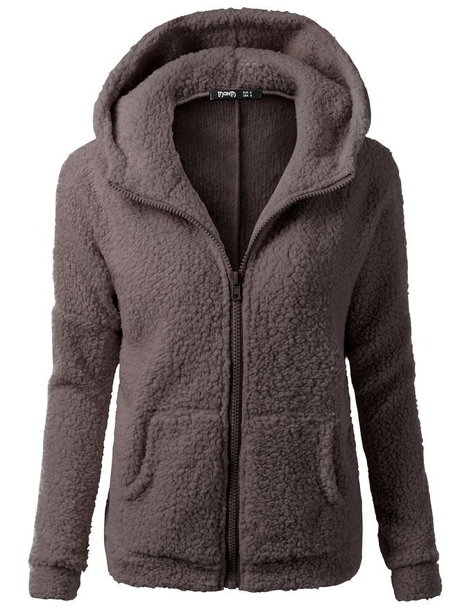 Brown hooded full-zip sherpa fleece jacket with textured fabric and zip front