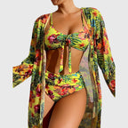 Lime and multicolor floral halter bikini top and high-waist briefs, sheer kimono cover-up