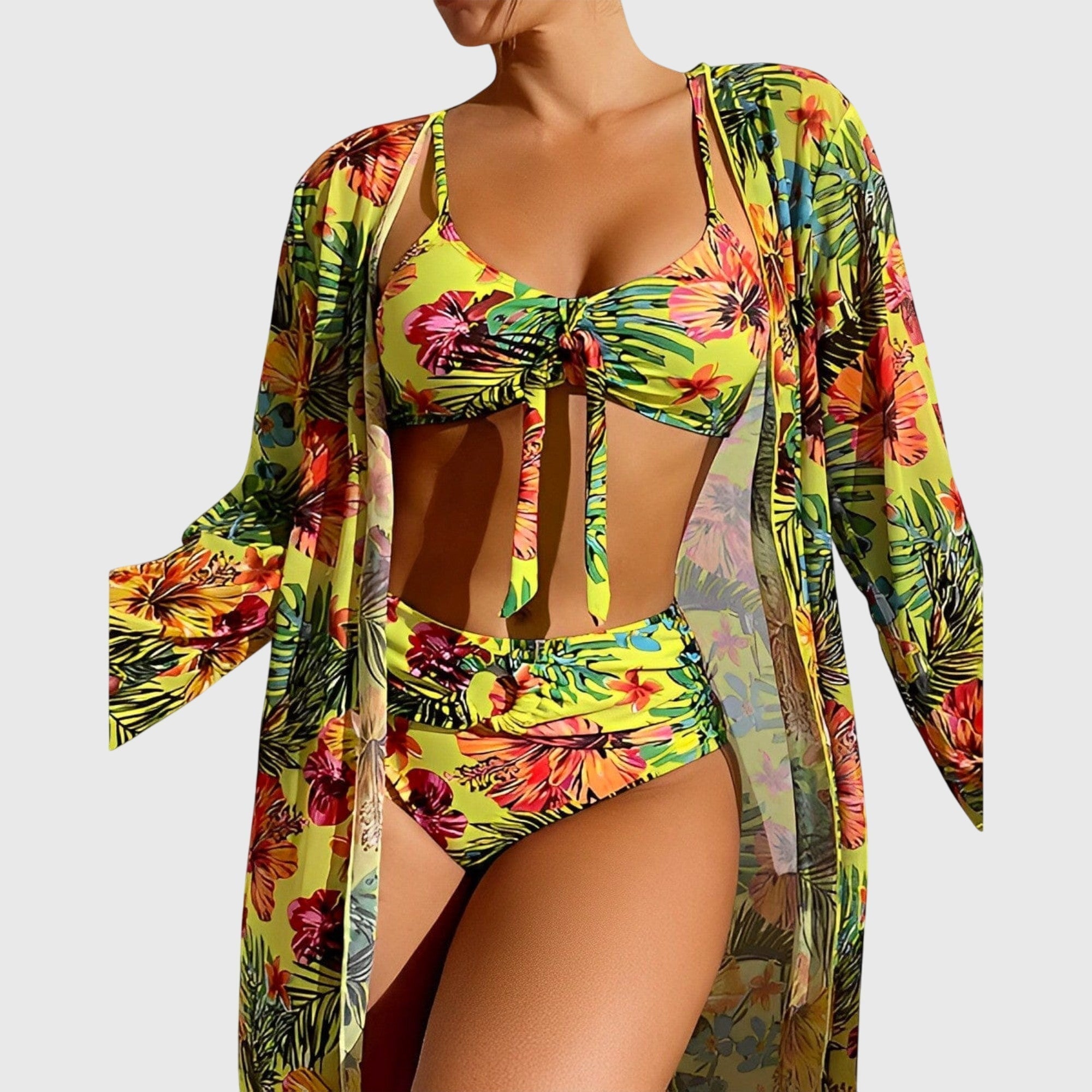 Lime and multicolor floral halter bikini top and high-waist briefs, sheer kimono cover-up