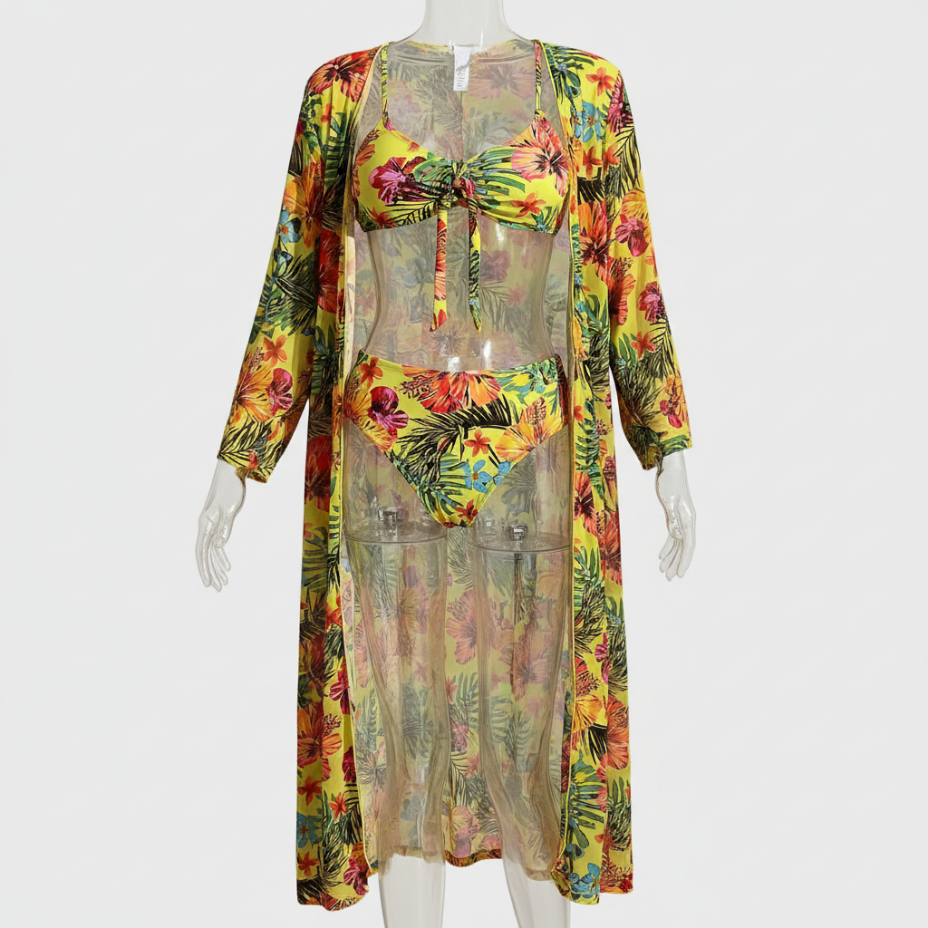 Floral halter bikini set with high-waist briefs and sheer matching beach cover-up