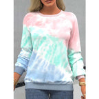Women's round-neck tie-dye sweater in pastel pink, mint green, and white, ribbed cuffs.