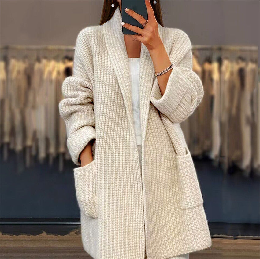 Women’s cream open-front knit cardigan with roomy patch pockets and relaxed fit