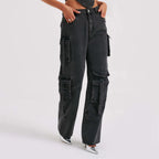 Black high-waist cargo jeans with relaxed fit and cargo pockets with flap closures.