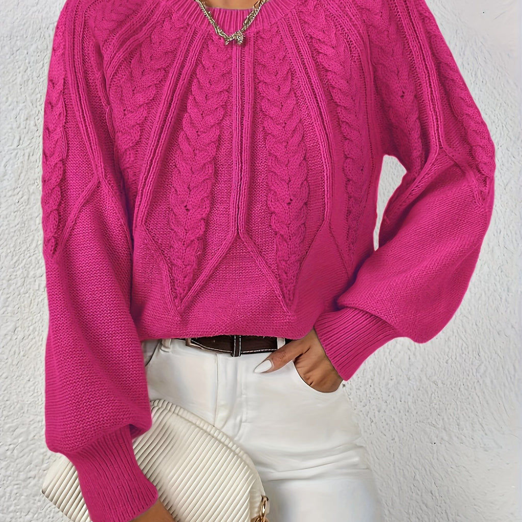 Women’s cable knit sweater with lantern sleeves, bordeaux red, textured cable yoke.