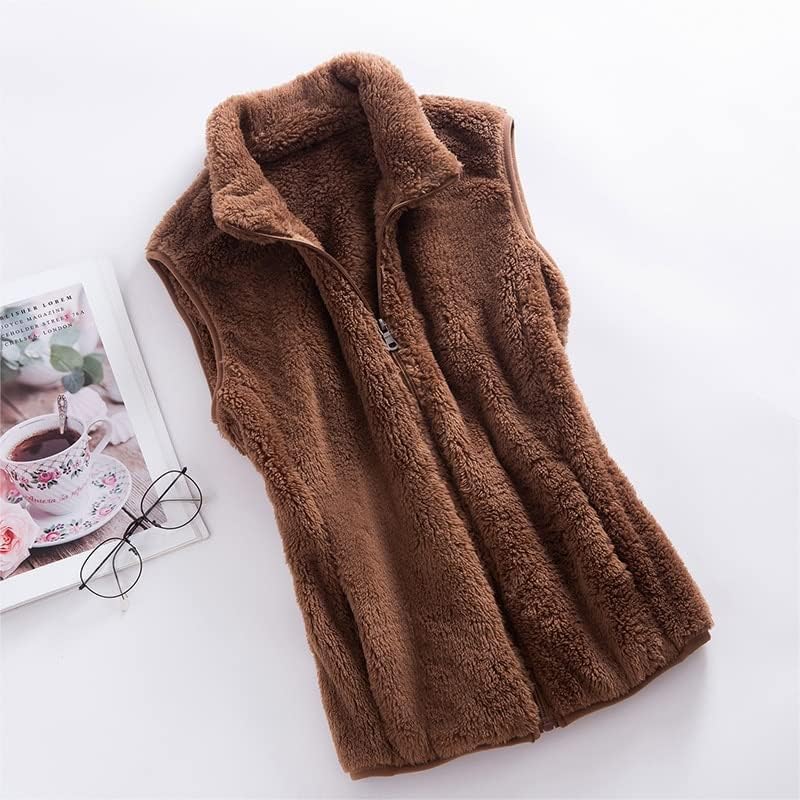 Camel brown fleece bodywarmer vest with zip front and stand collar, sleeveless