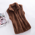 Camel brown fleece bodywarmer vest with zip front and stand collar, sleeveless