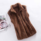 Camel brown fleece bodywarmer vest with zip front and stand collar, sleeveless