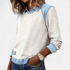 Women's beige sweater with denim-look layered collar and long sleeves