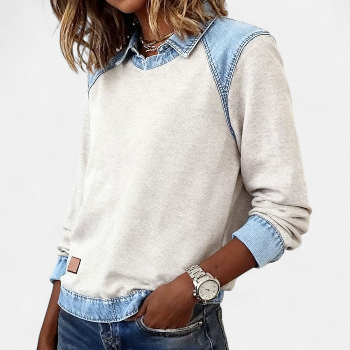 Women's beige sweater with denim-look layered collar and long sleeves