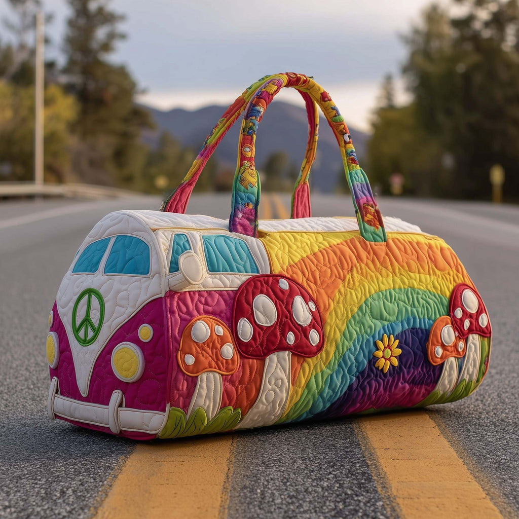 Colorful quilted travel bag with mushroom and ladybug motifs, peace sign, and rounded top