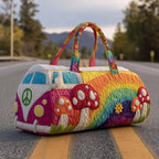 Colorful quilted travel bag with mushroom and ladybug motifs, peace sign, and rounded top