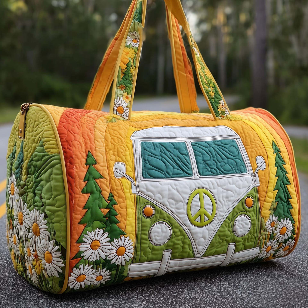 Quilted padded travel bag with camper graphic, orange yellow green and floral trim