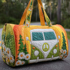 Quilted padded travel bag with camper graphic, orange yellow green and floral trim